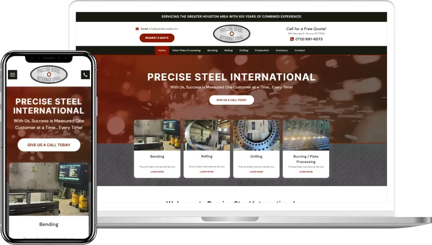A laptop and a cell phone are displaying a website for precise steel international.