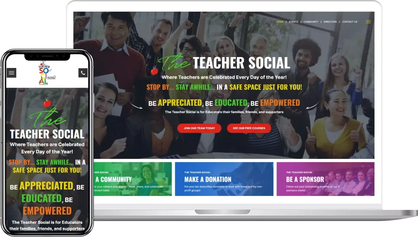 A laptop and a cell phone are displaying a teacher social website.