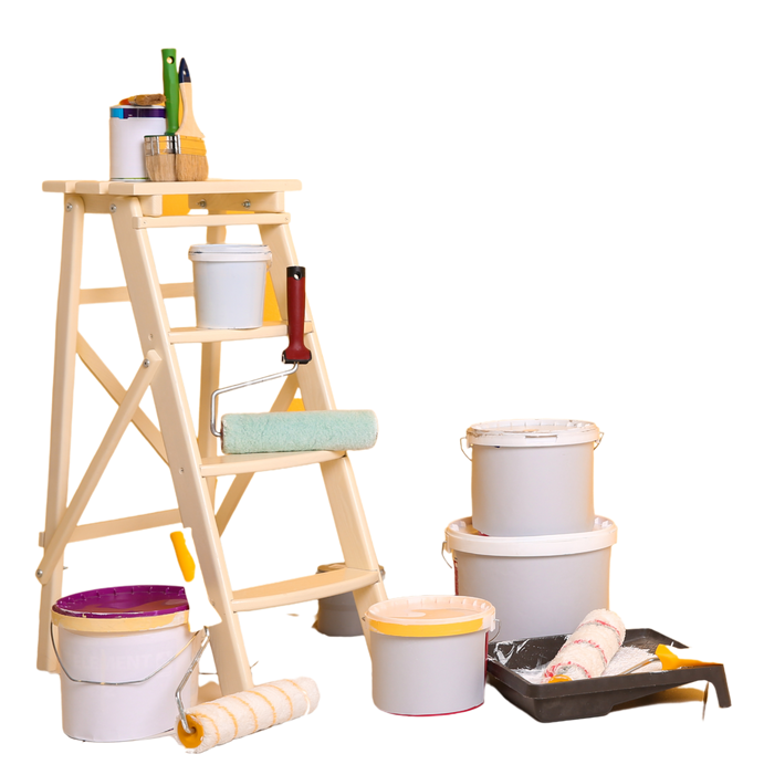 A wooden ladder with paint buckets and paint rollers on it