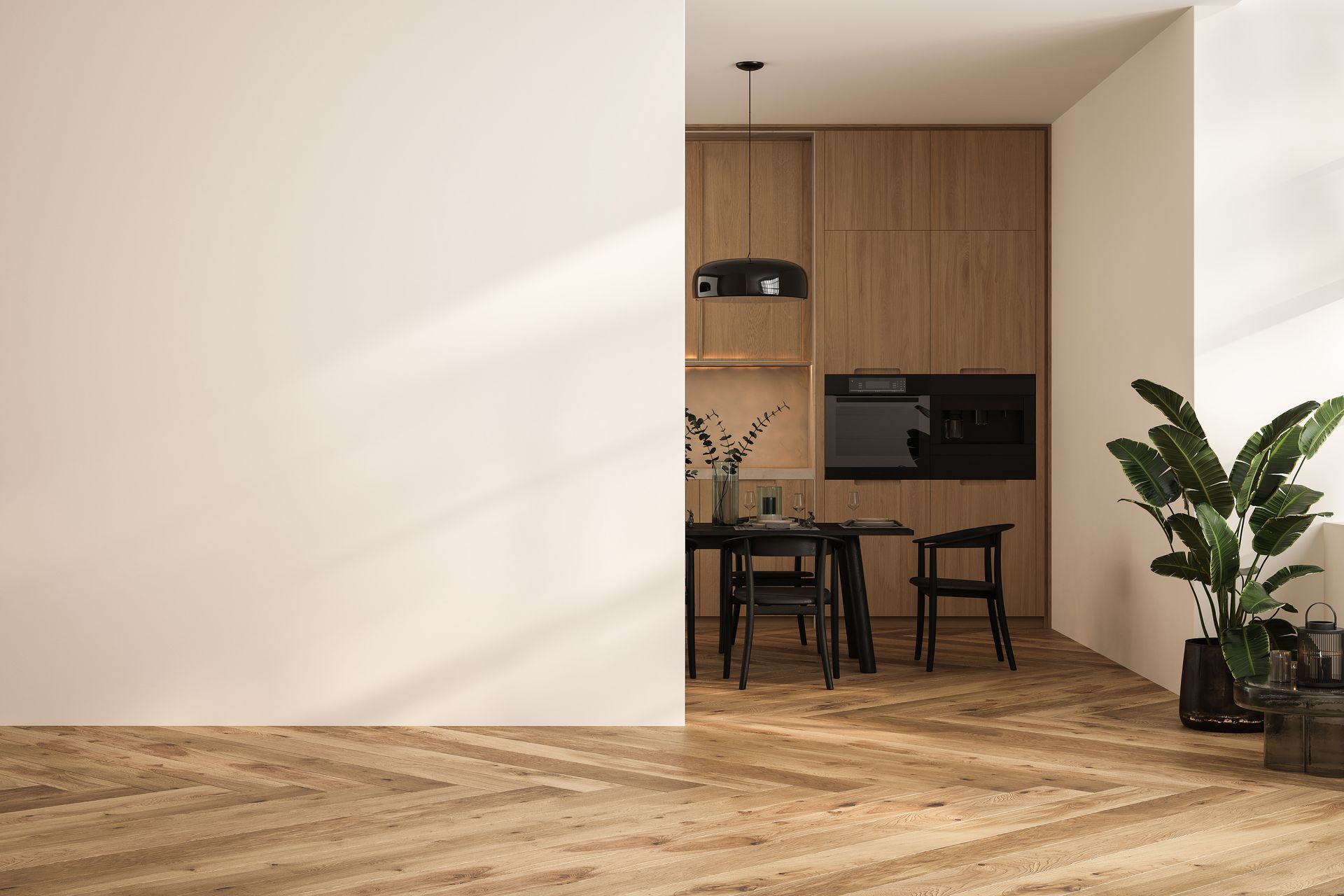 Une salle à manger moderne et minimaliste avec parquet et murs en bois, aperçue à travers une porte à côté d'une grande plante en pot.