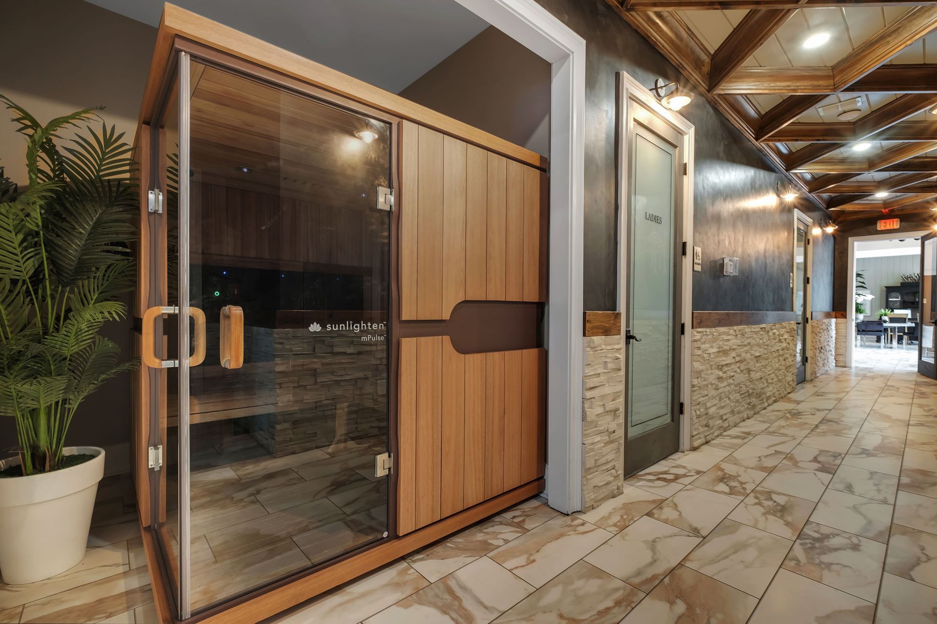 Wellness inspired amenities like this sauna and ware available for residents of Grove Park.