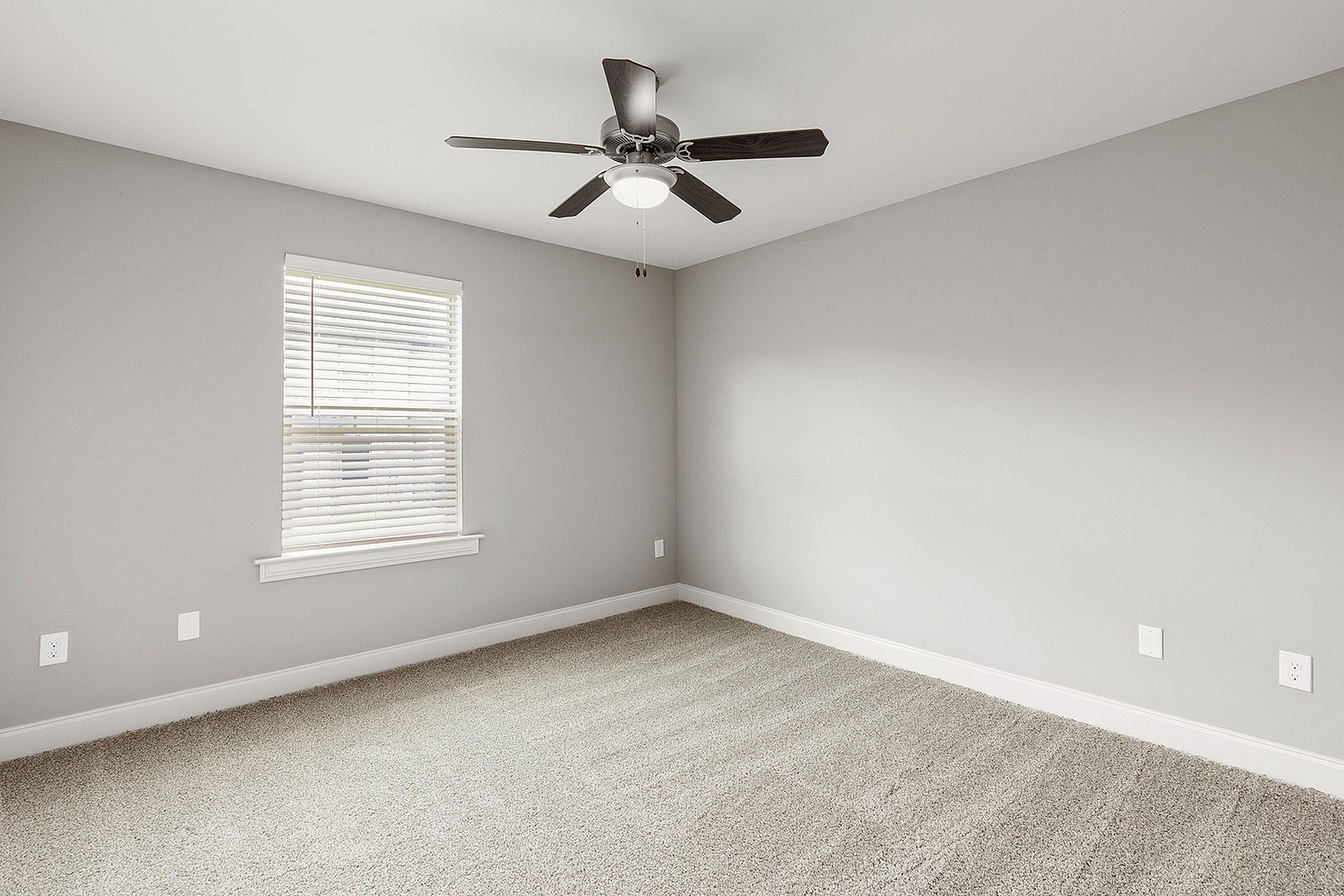 Empty apartment bedroom with gray walls, beige carpet, a window with blinds, and a ceiling fan.