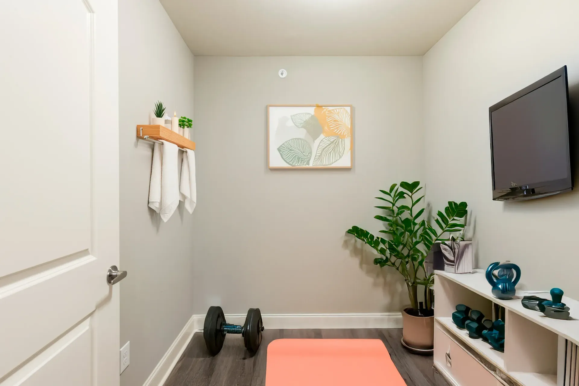 Small workout room with dumbbells, pink mat, plant, and wall-mounted TV.