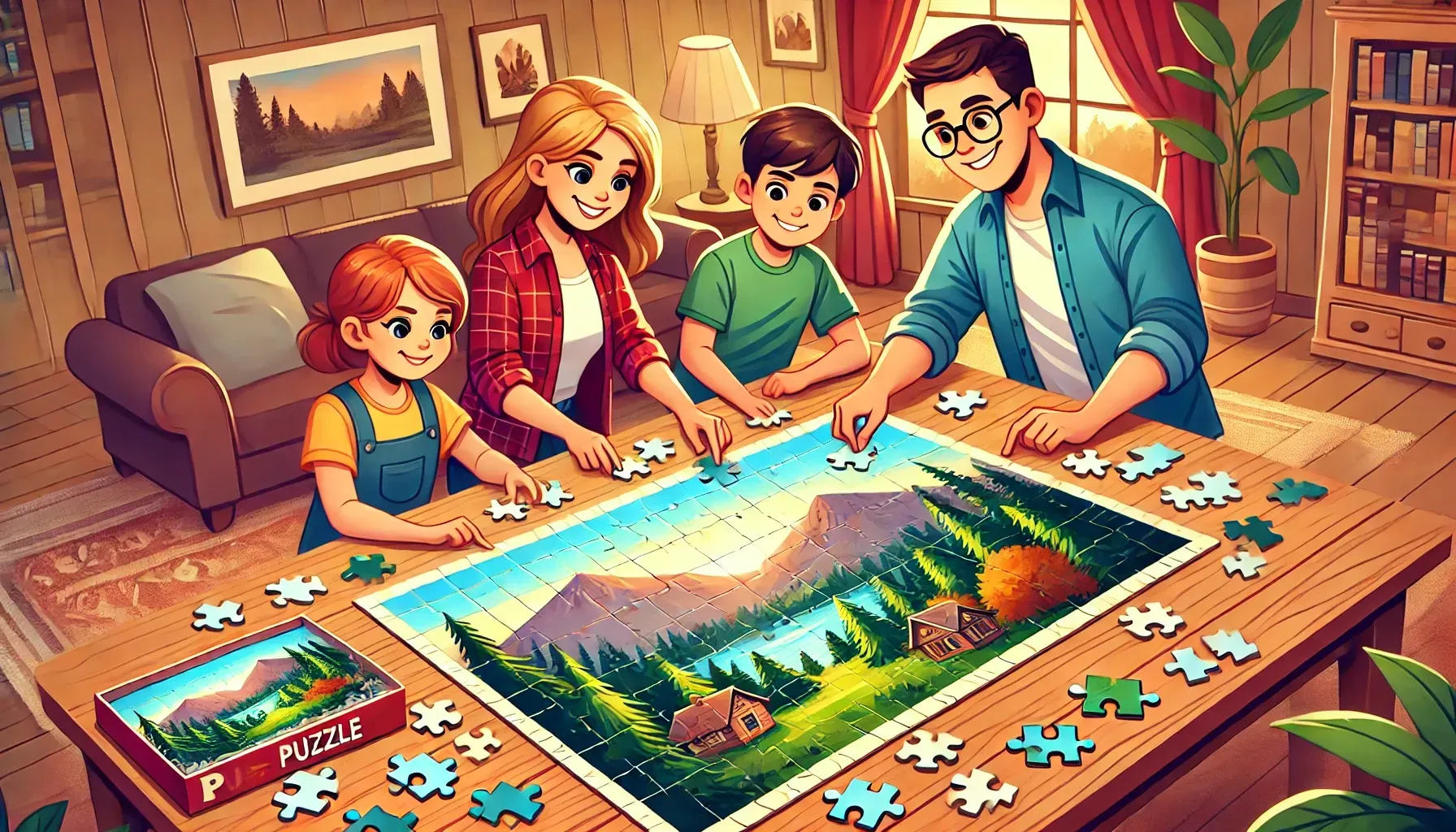 Family playing famous puzzles. Jigsaw puzzles have been loved for centuries.