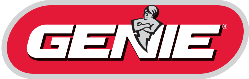 Genie logo with a muscular man symbol on red background.
