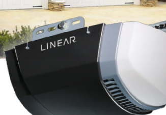 Black Linear garage door opener with a white light enclosure.