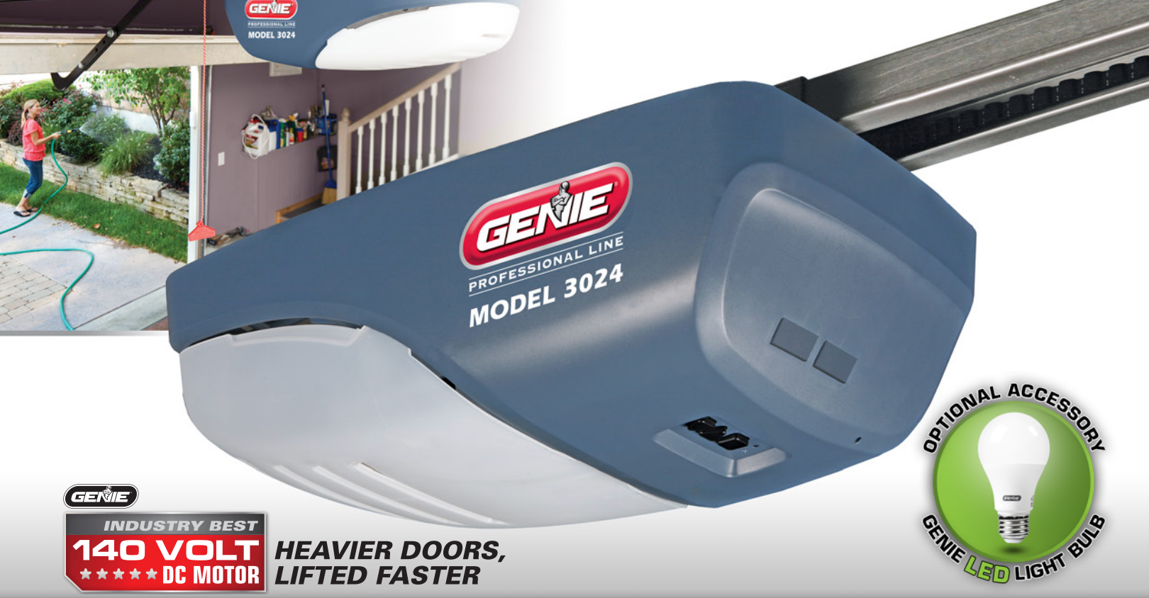 Genie garage door opener, Model 1024, features a blue body with white accents, shown installed in a garage.
