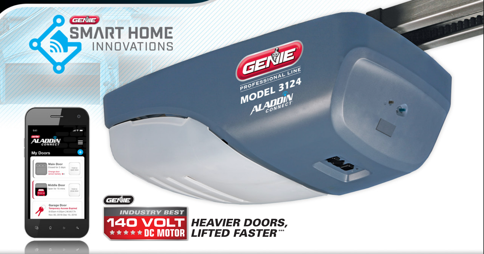 A Genie garage door opener with a smartphone and app displaying smart home technology features.
