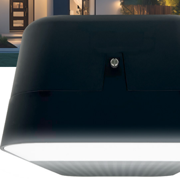 Dark, rounded outdoor light fixture with a glowing white underlight.