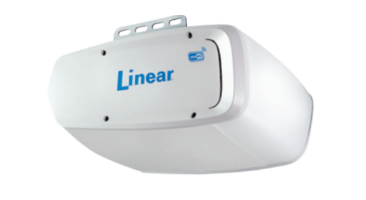 White Linear garage door opener with Wi-Fi, hanging from the ceiling.