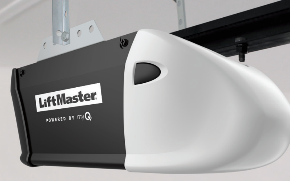 LiftMaster garage door opener, black and white, mounted on ceiling.
