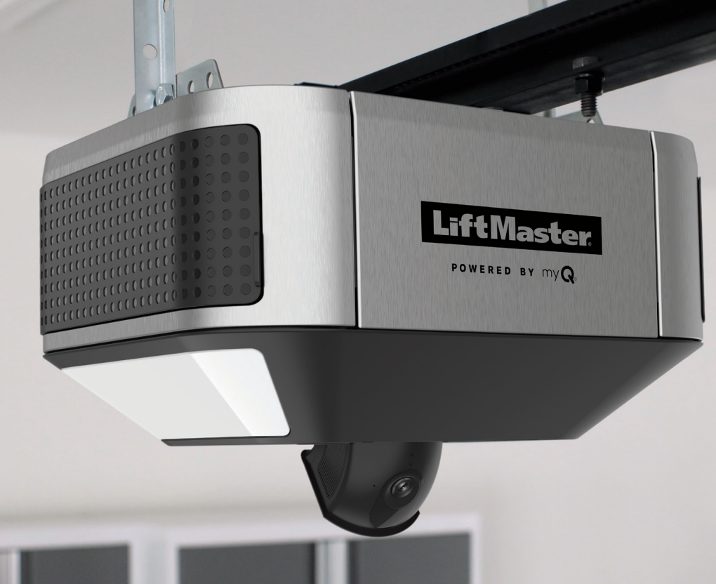LiftMaster garage door opener with integrated camera and light, mounted on a ceiling.