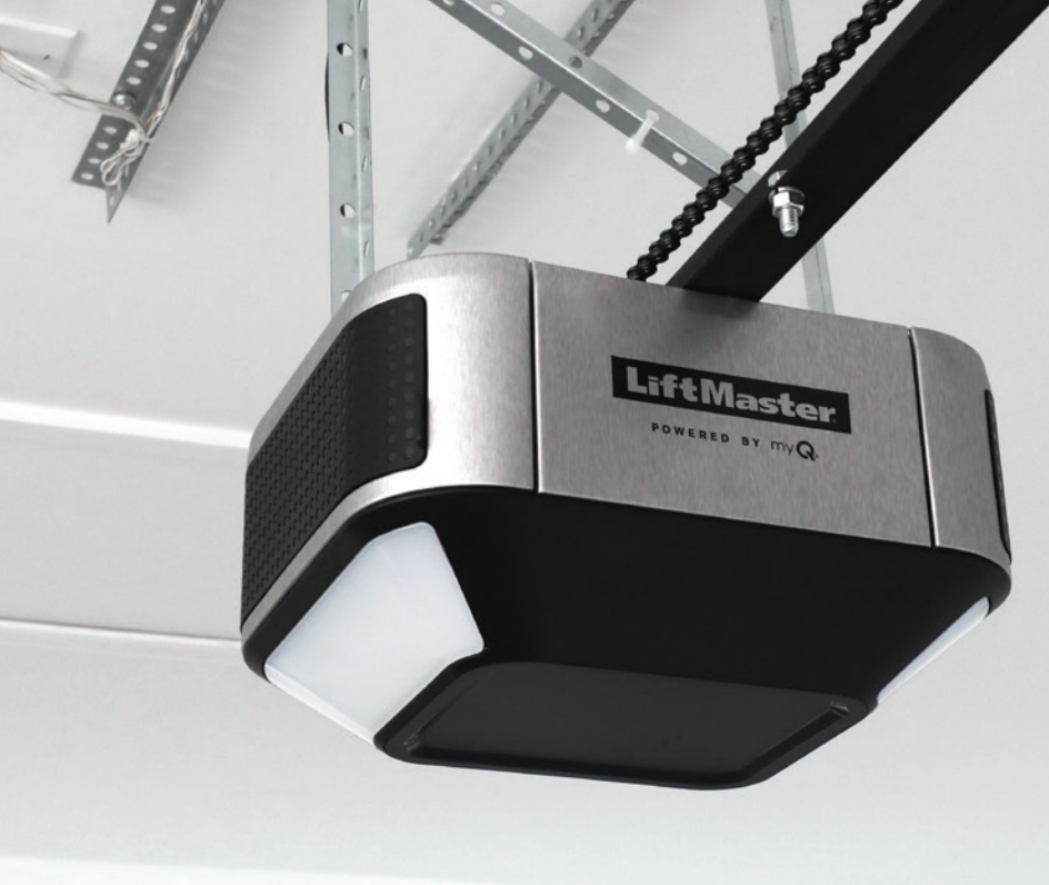 LiftMaster garage door opener, silver and black unit, mounted on ceiling.