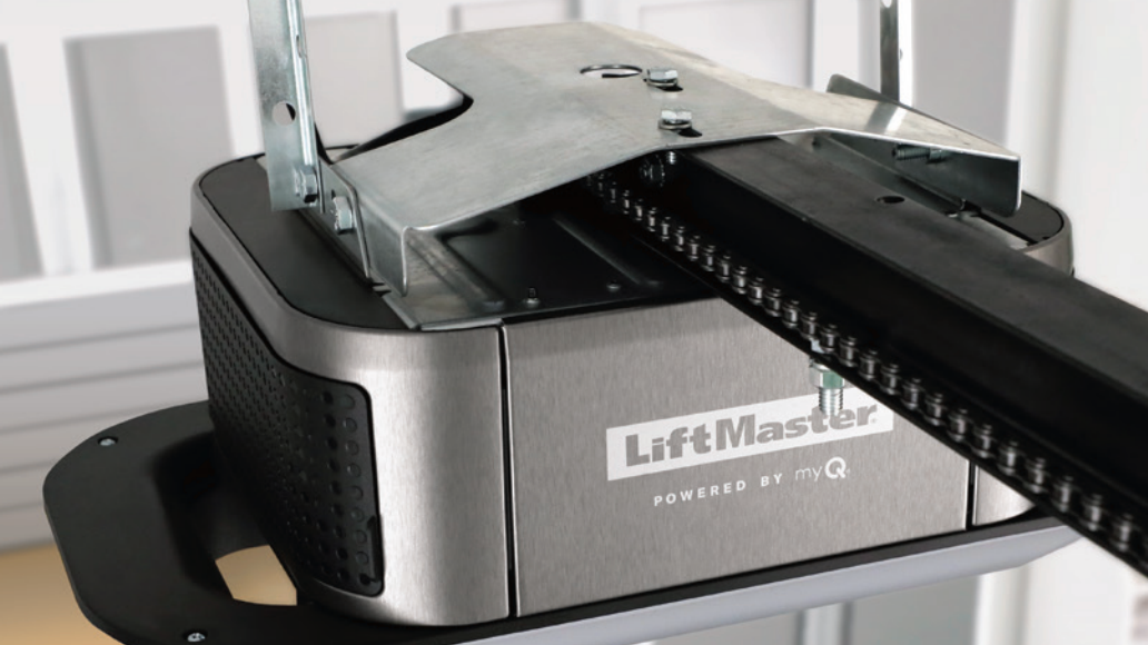 LiftMaster garage door opener with chain drive, mounted on the ceiling.