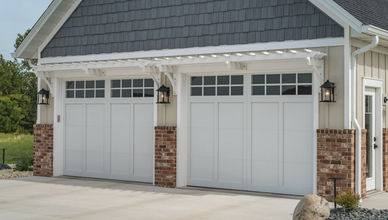 White garage with two doors, brick accents, and a white trellis above, with a gray shingled roof.