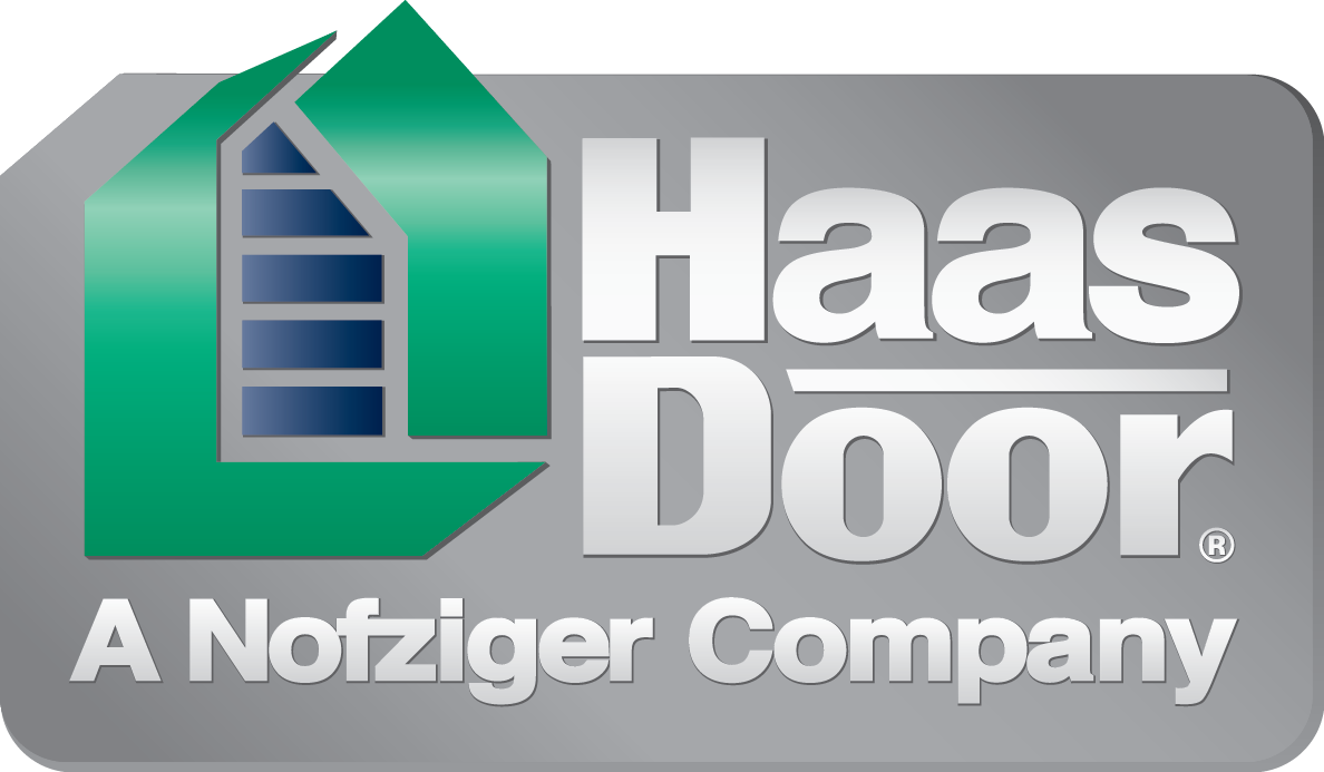 Haas Door logo on a gray rectangle. Green and blue door graphic, 