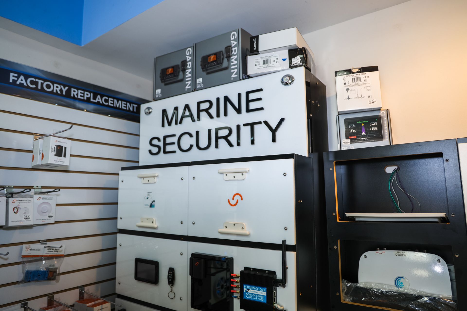 A display of marine security equipment in a store