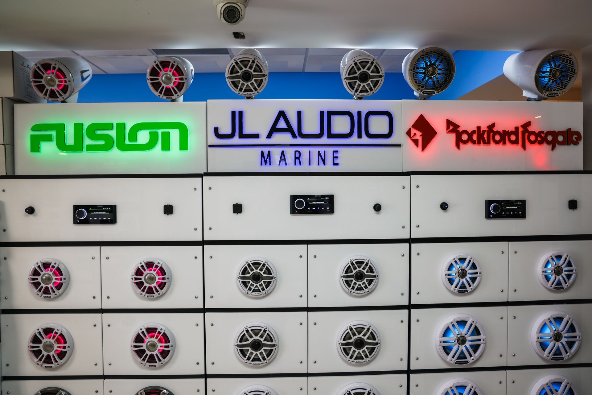 A display of jl audio marine speakers and rockford fosgate speakers