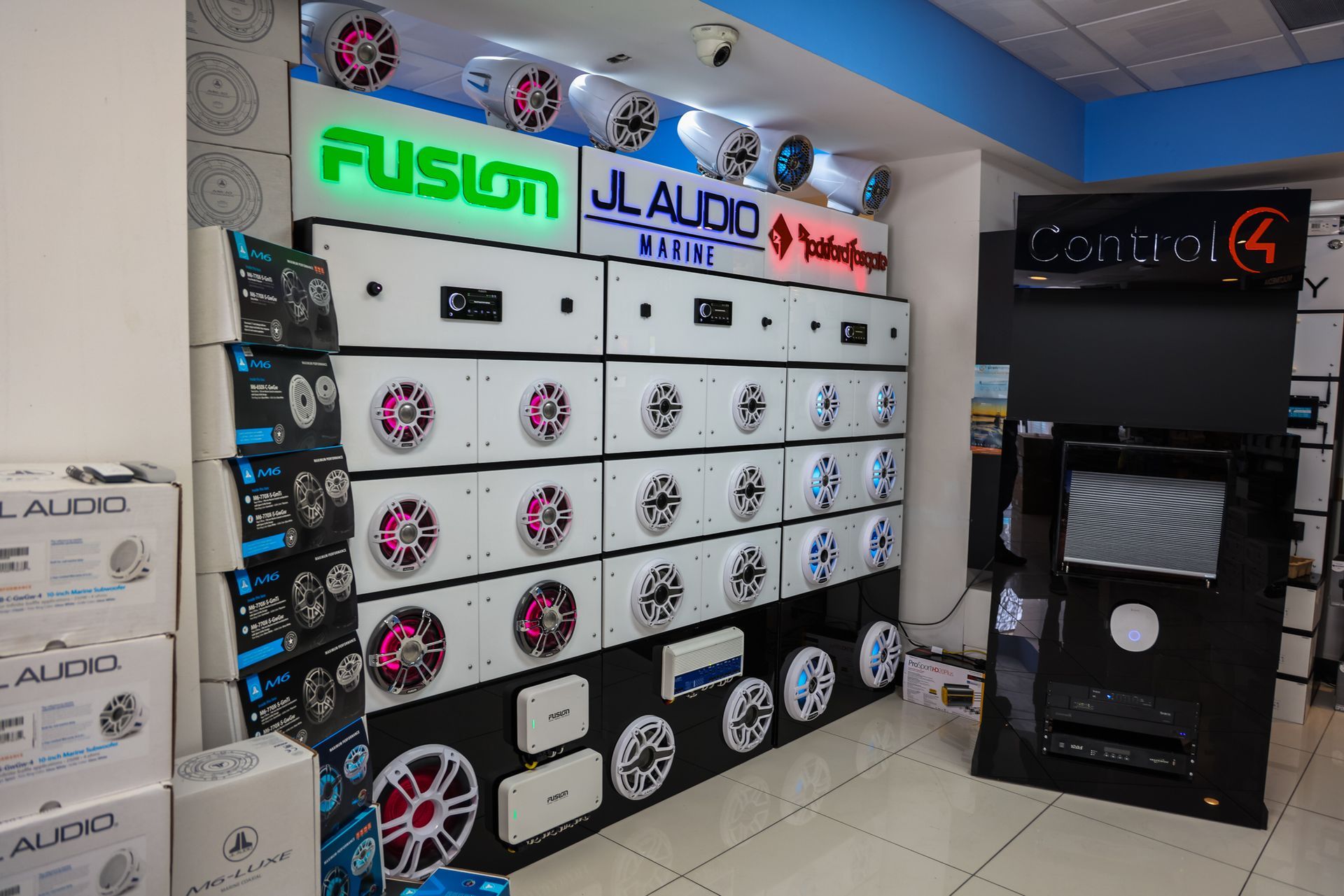 A display of jl audio speakers in a store
