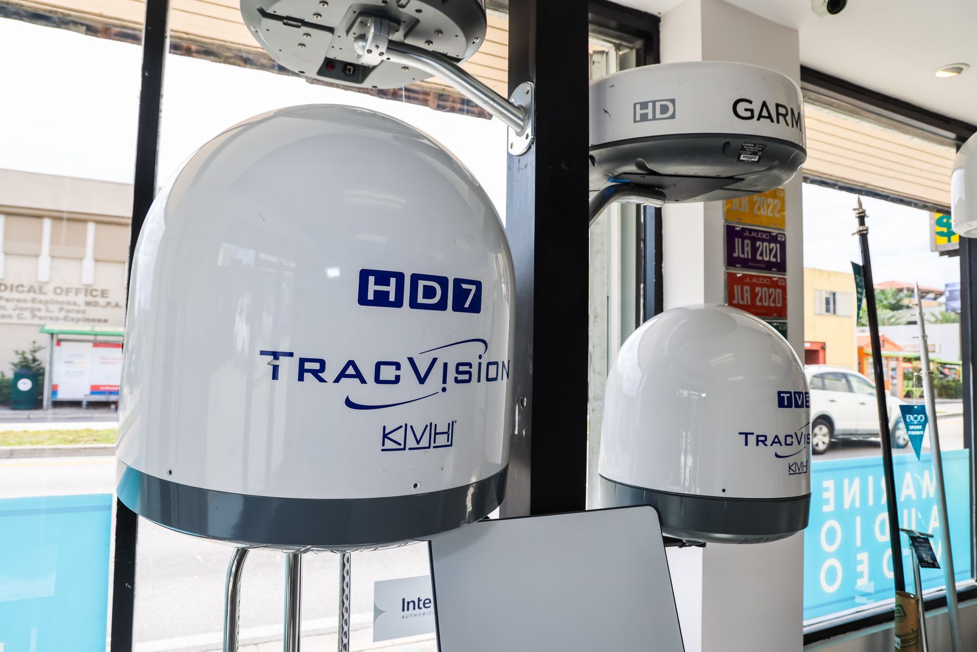 A display of satellite dishes in a store.