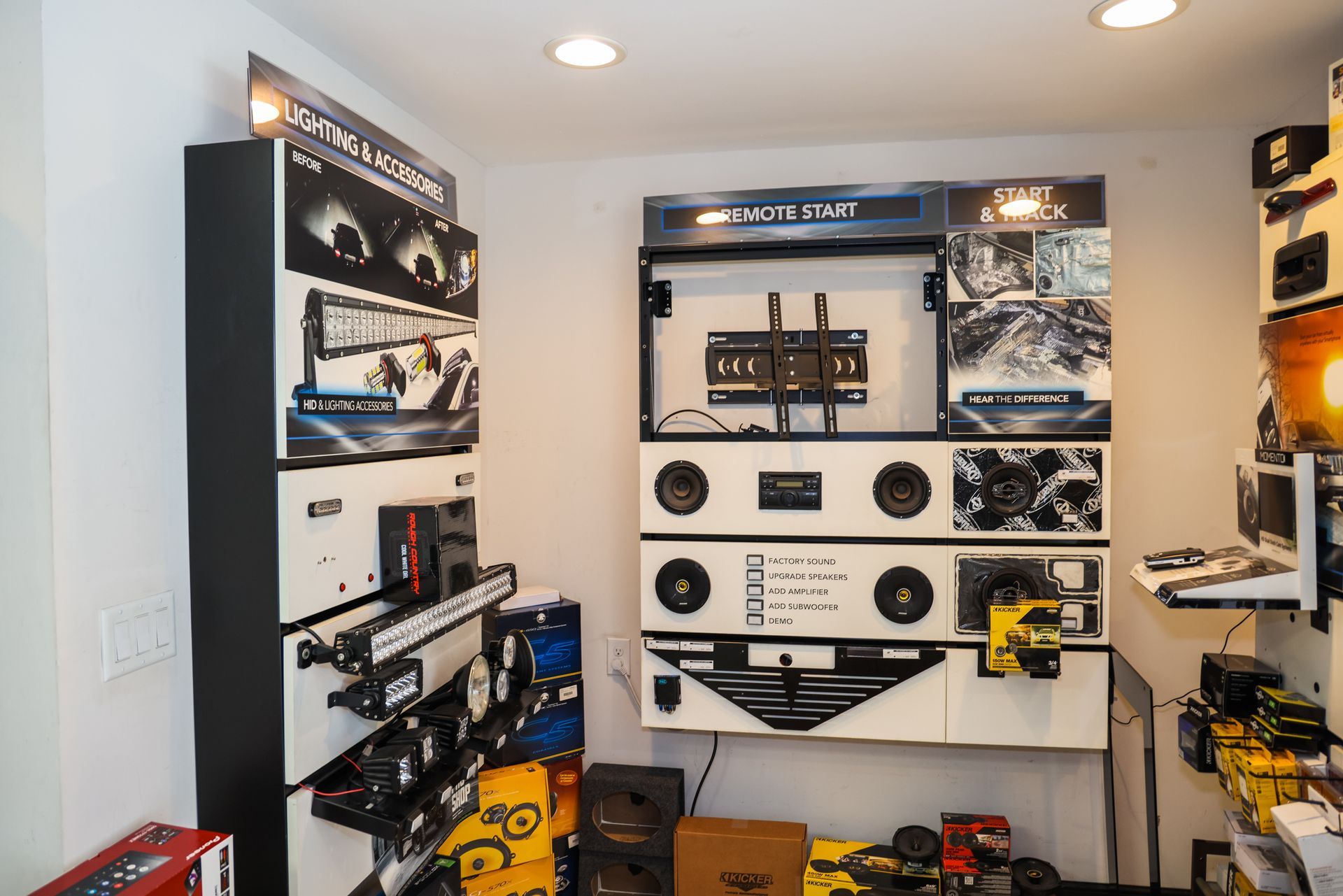 A room with a lot of speakers on the wall