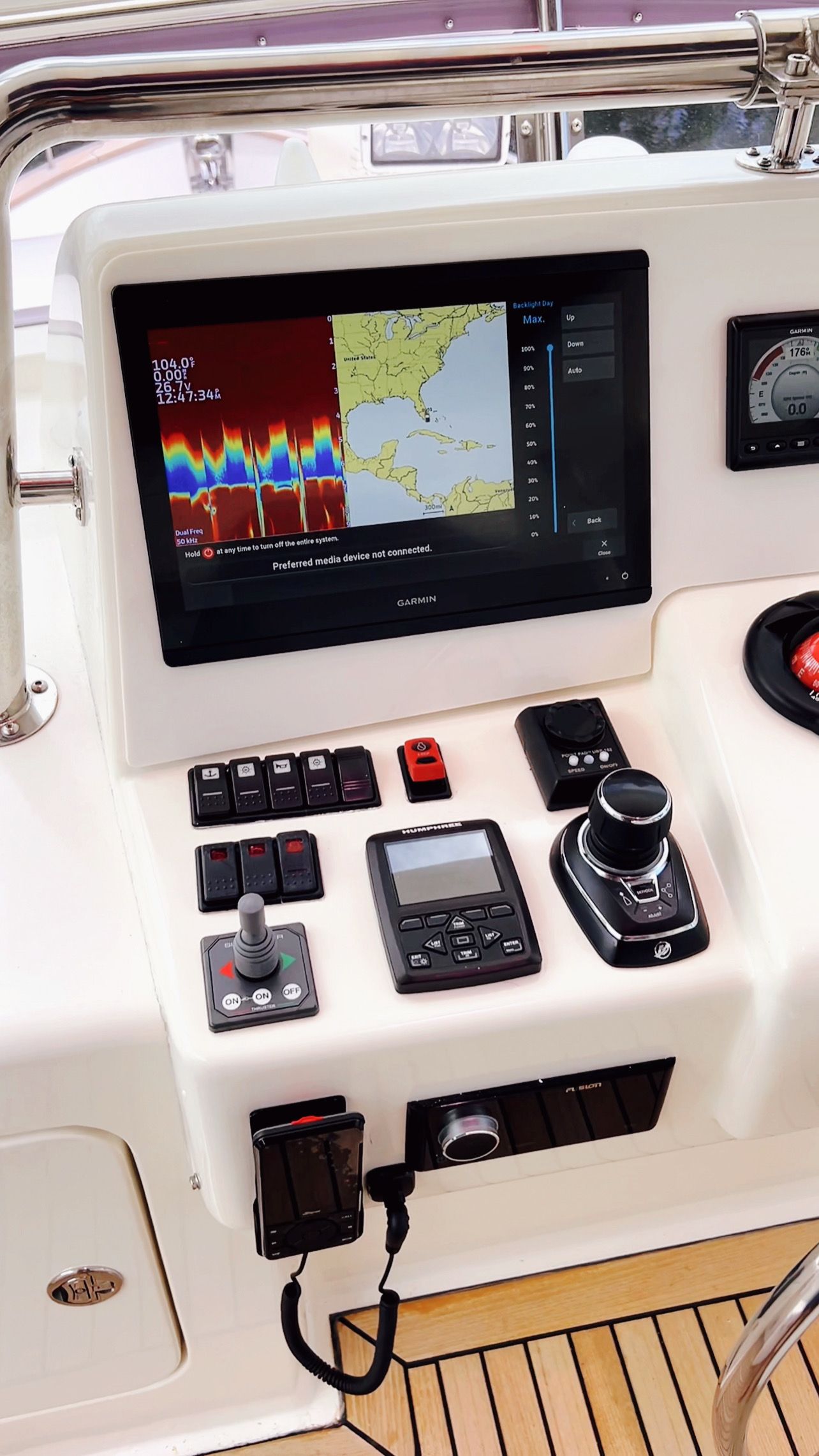 A boat 's control panel with a monitor and buttons