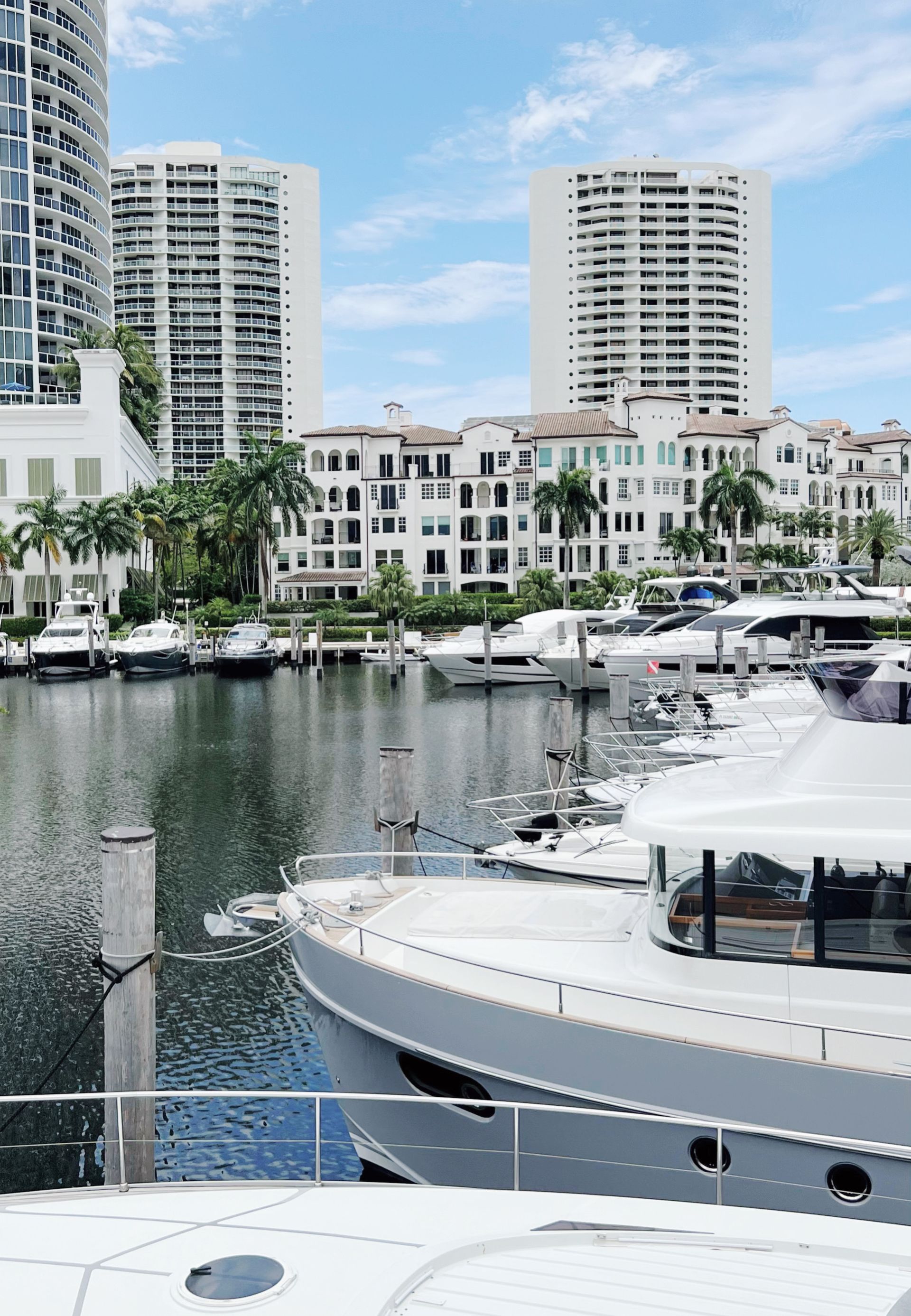 A row of boats are docked in a marina with tall buildings in the background.