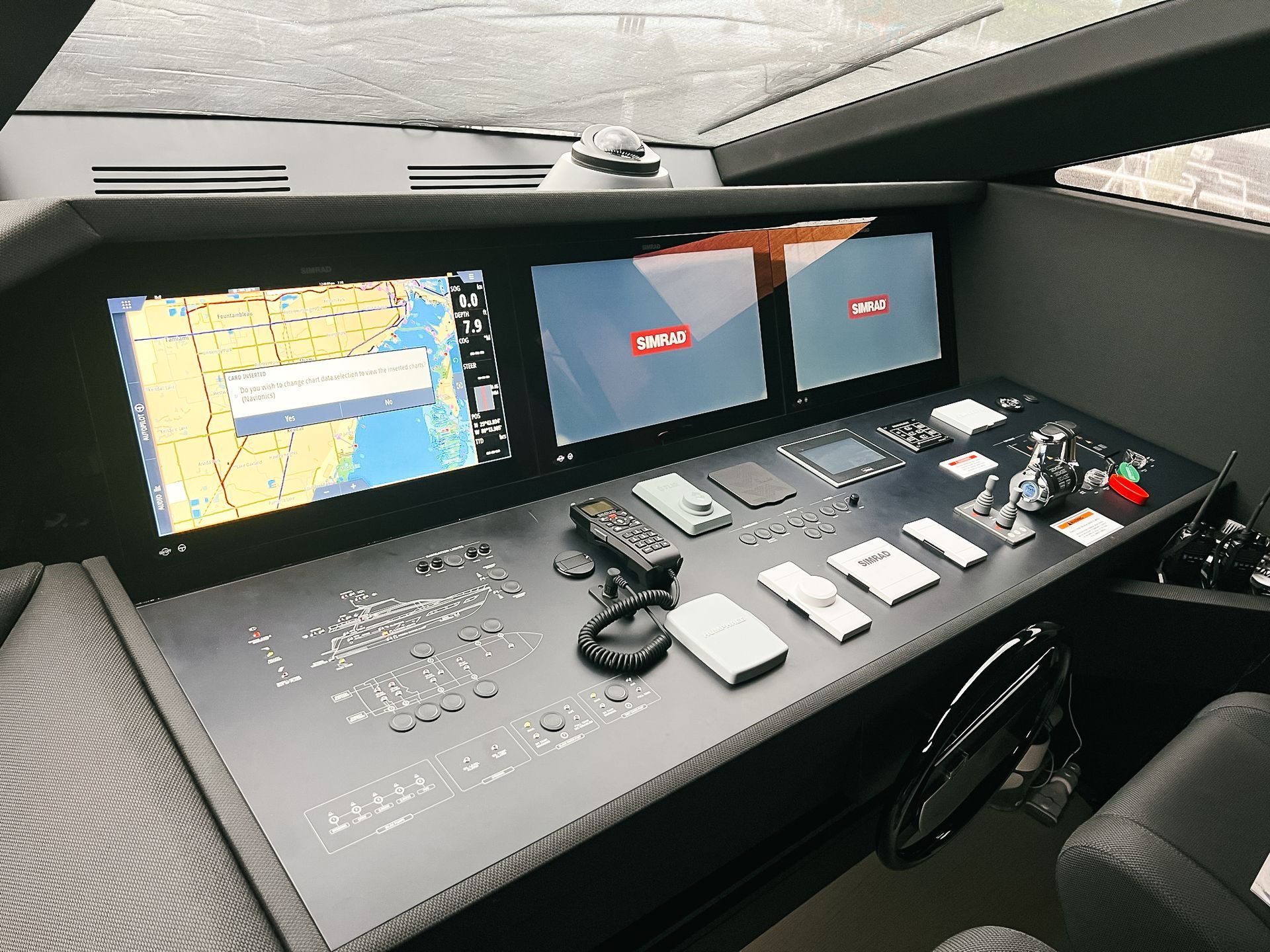 A dashboard of a boat with a map on it