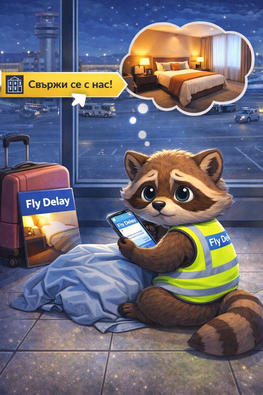 магически ракун който помага с обезщетения за закъснял полет