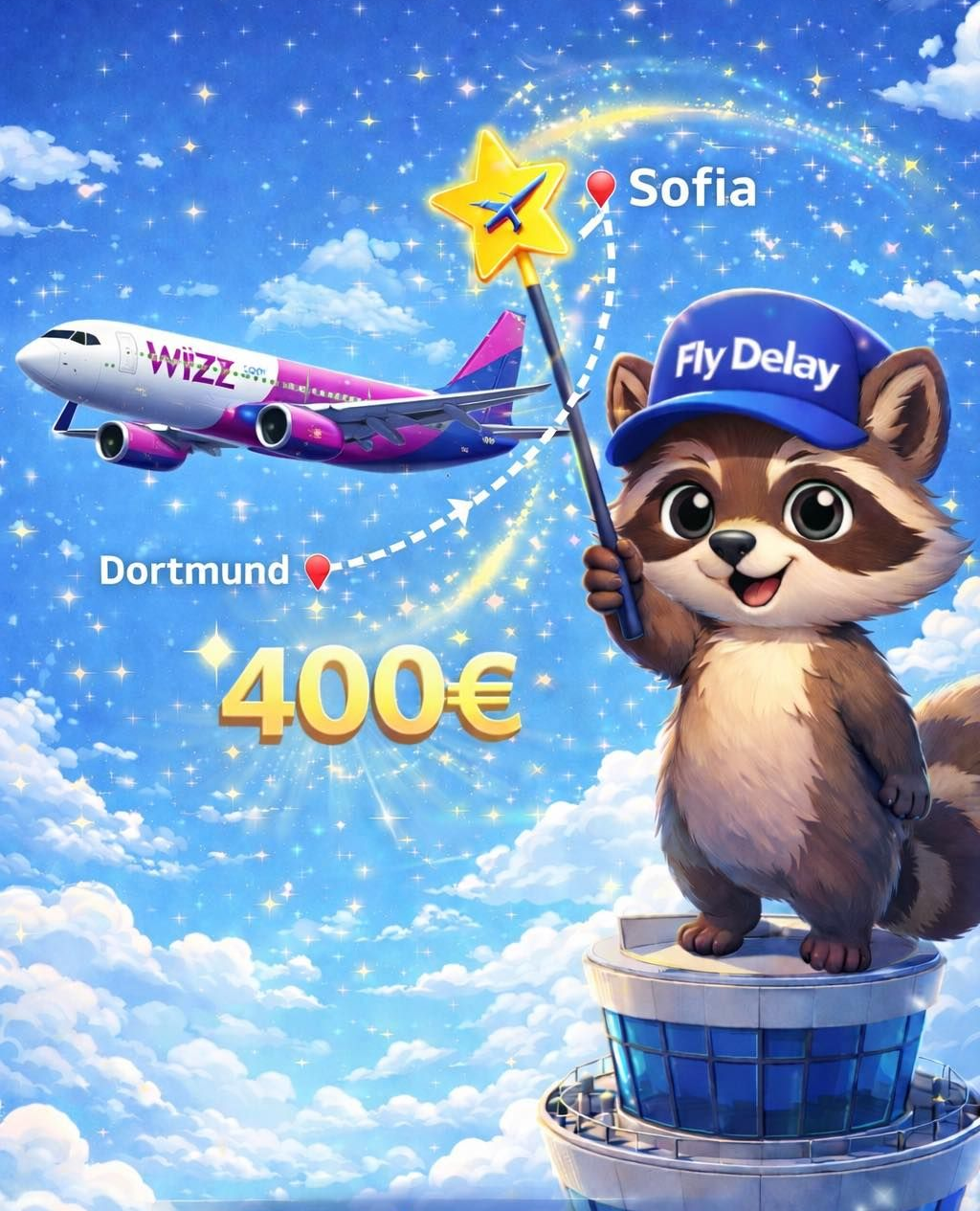 магически ракун който помага с обезщетения за закъснял полет