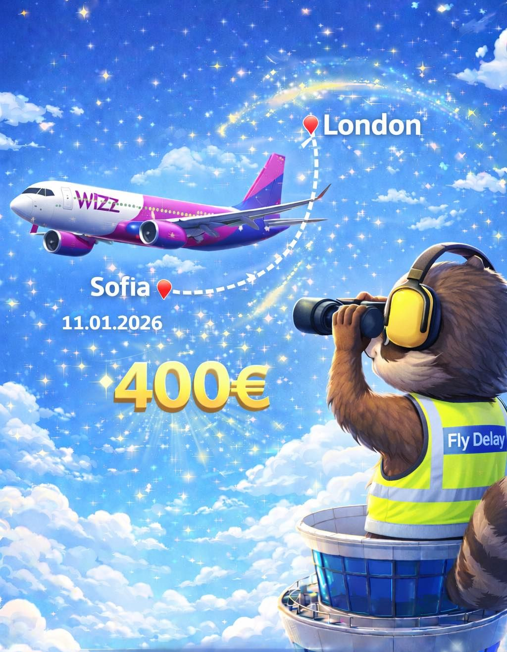 магически ракун който помага с обезщетения за закъснял полет