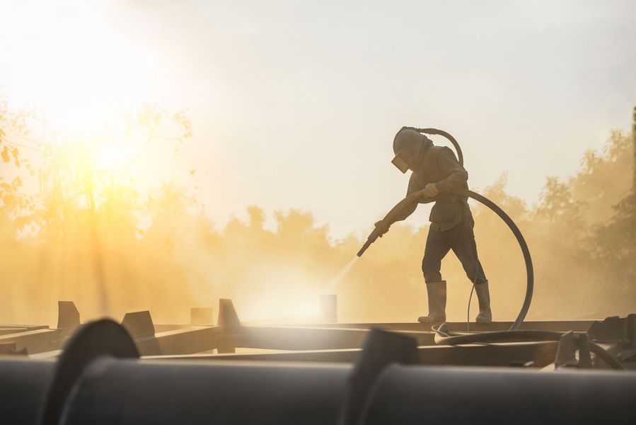 A man is sandblasting a metal structure with a hose.