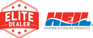 A logo for an elite dealer and a logo for a heating and cooling product.