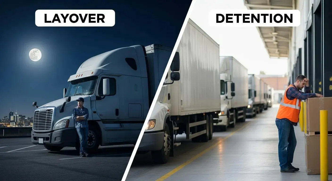 Semi-truck layover at night vs. trucks waiting to unload at a warehouse; a worker unloads cargo.