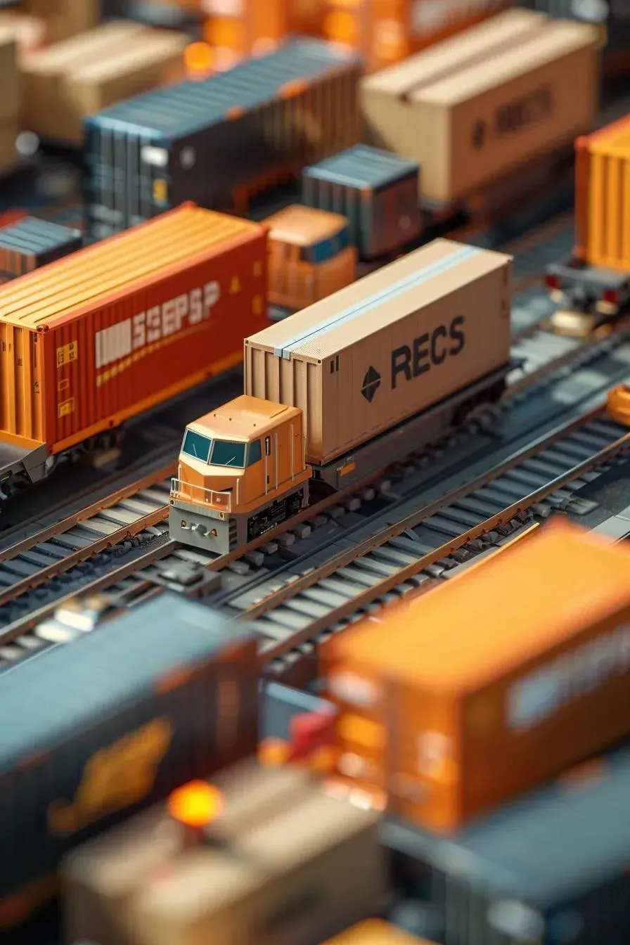 Miniature train hauling cargo containers on tracks. Orange and tan colors dominate.