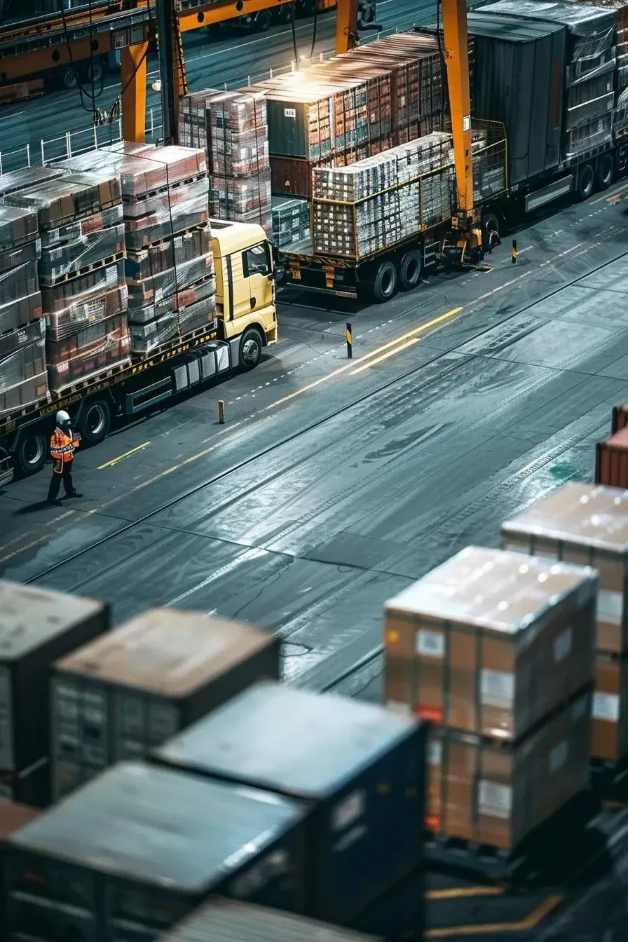 Trucks loaded with cargo containers at a busy port, worker walking, yellow cranes, blue and gray tones.