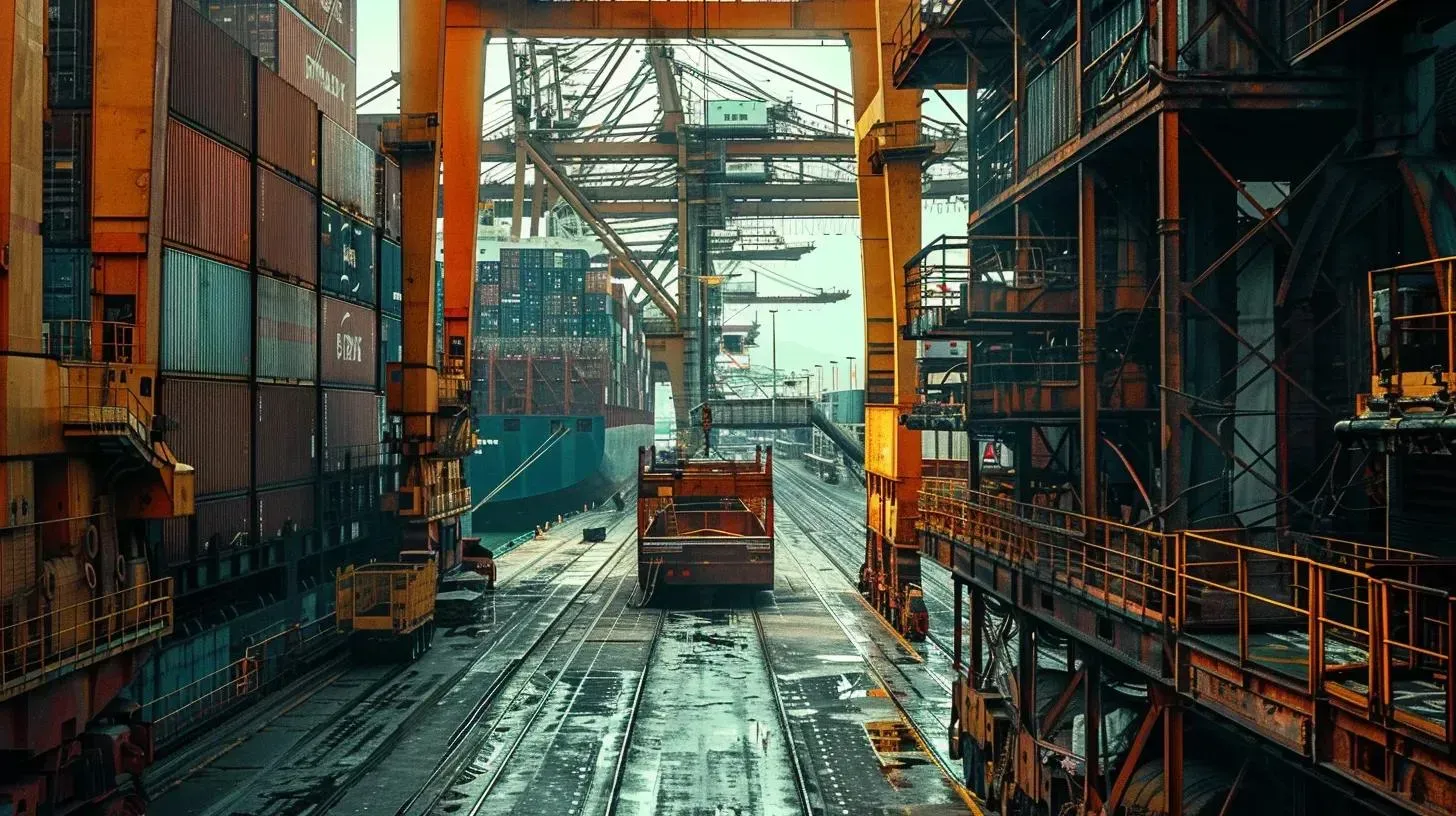 Shipping port with cranes, cargo containers, and a large cargo ship.