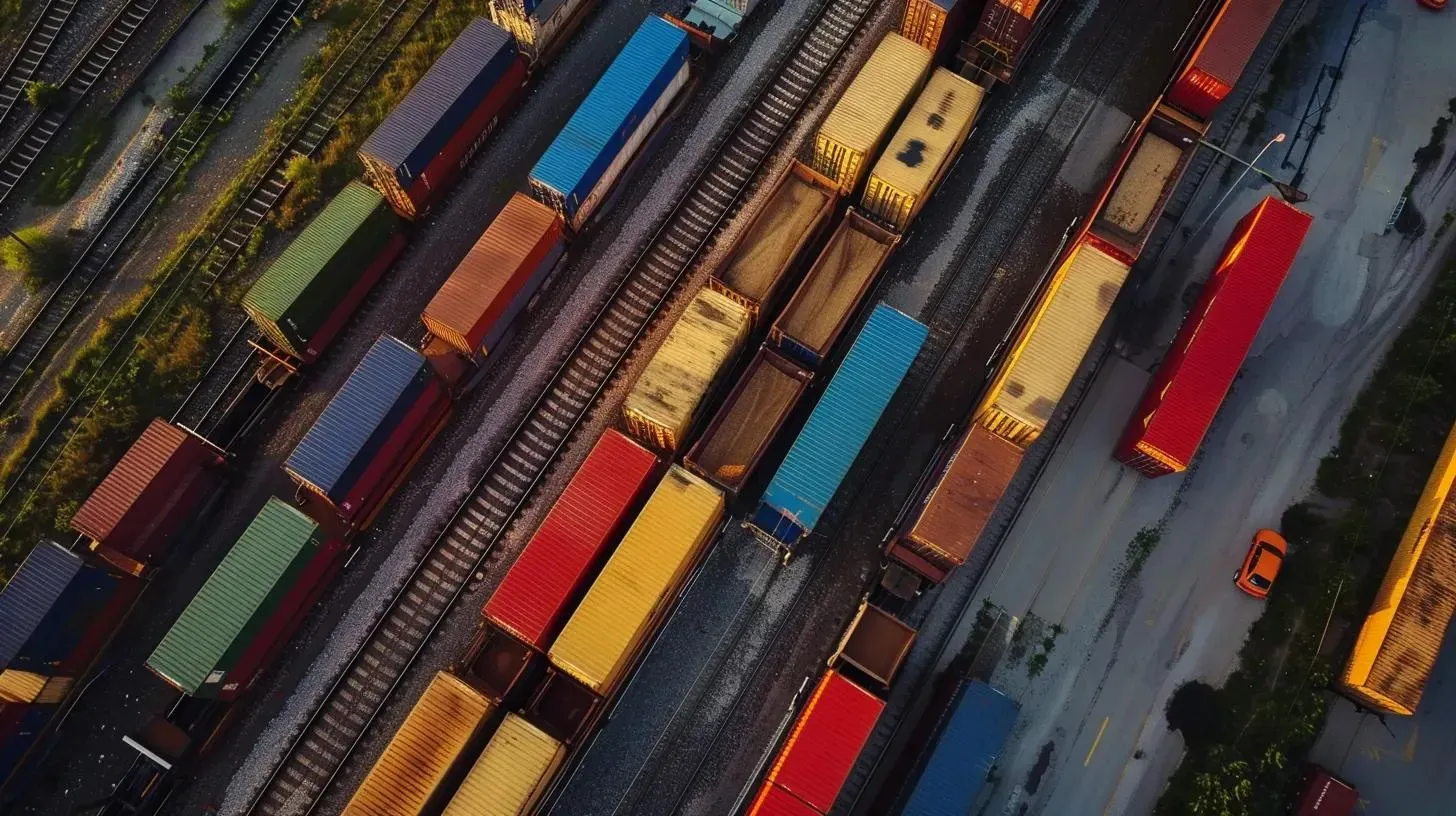 Overhead view of a train yard filled with colorful freight cars on parallel tracks.