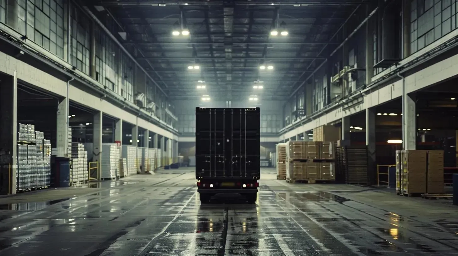 Truck driving through a large, industrial warehouse. Boxes and materials line the sides, reflecting off the wet floor.