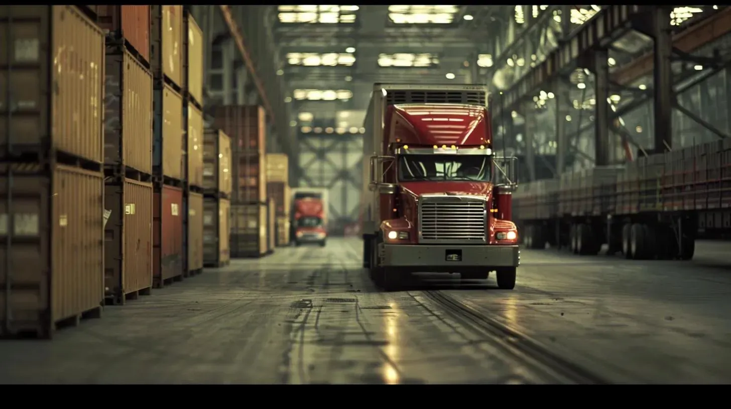 Red semi-truck driving inside a large warehouse, filled with stacked cargo containers.