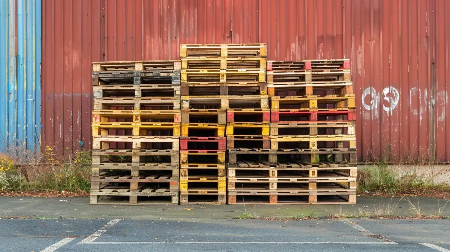 Stack of wooden pallets against a red and blue industrial wall; some leaves on the ground.