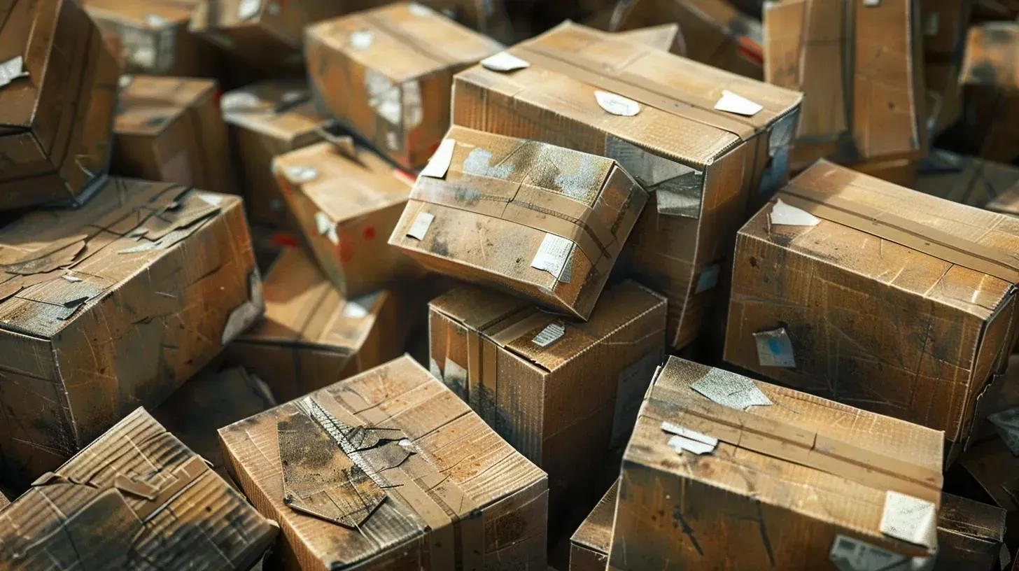 Pile of worn cardboard boxes, some with tape, stacked together.