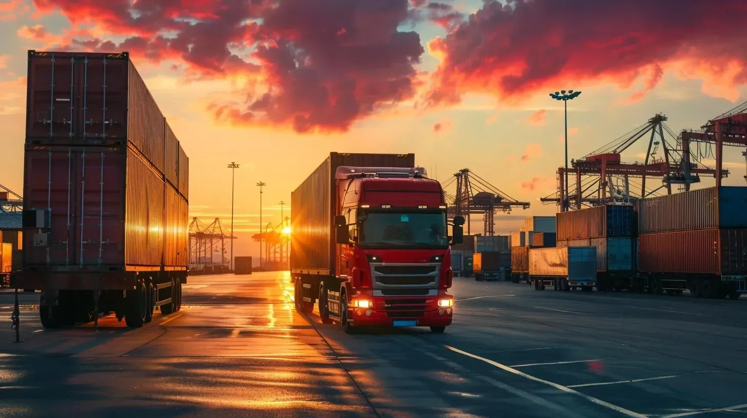 Trucks carrying shipping containers in a port at sunset, with cranes and vibrant sky.