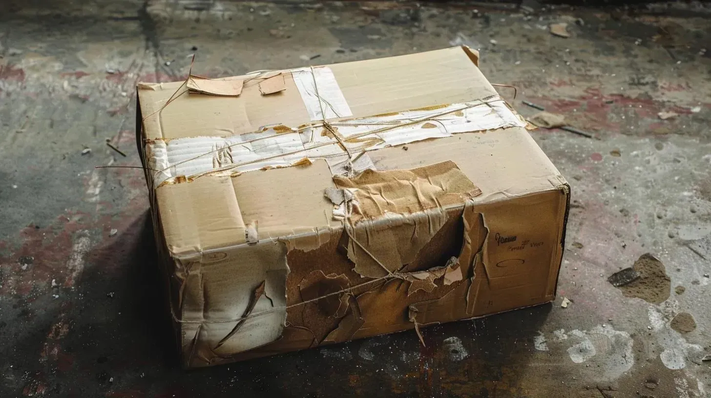 Damaged cardboard box on a dirty concrete floor. Patches of tape and ripped areas are visible.