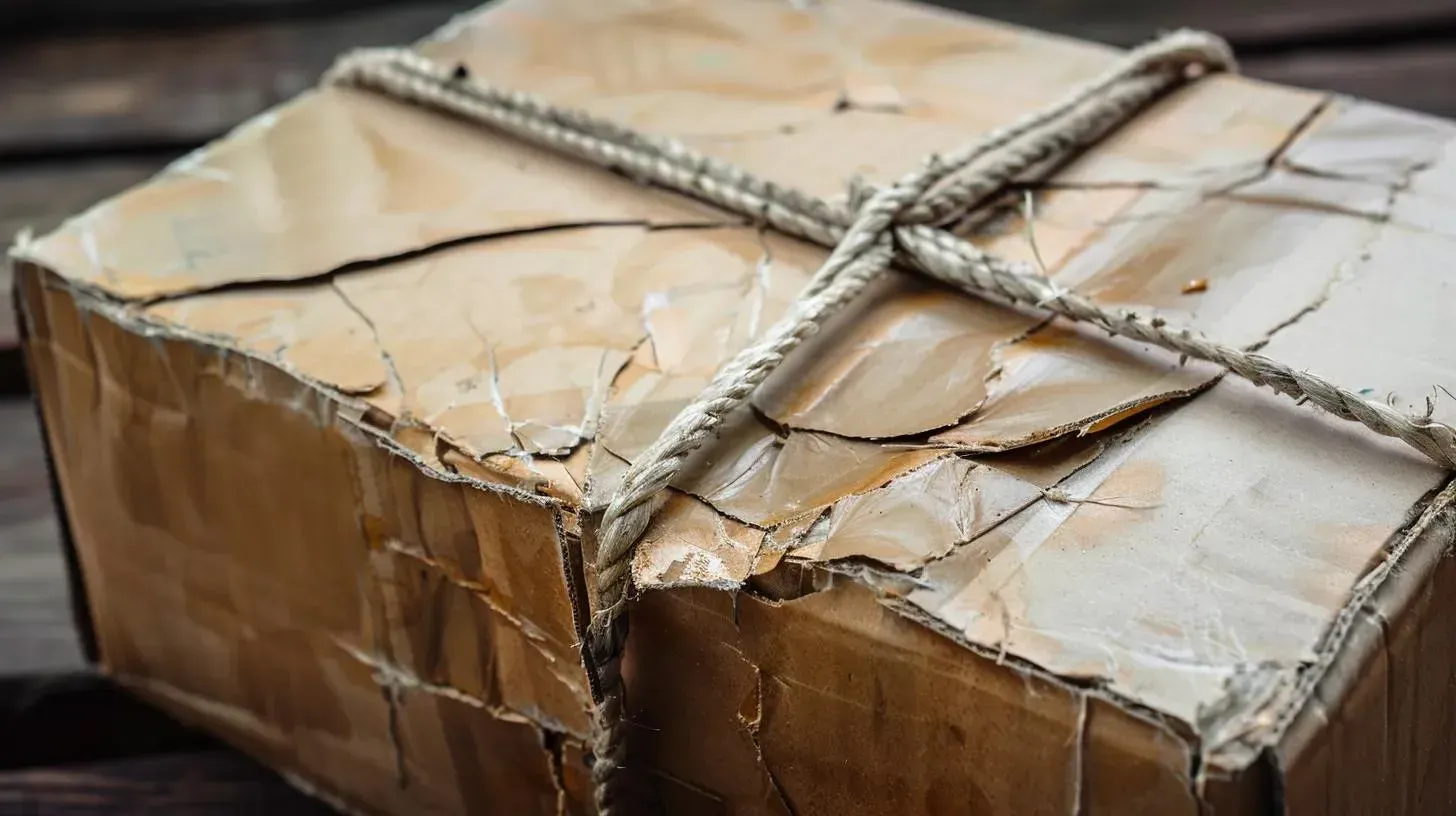 Damaged brown cardboard box tied with rope, showing wear and tear.