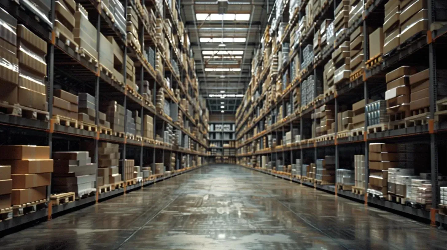 Warehouse interior with rows of shelves packed with boxes.