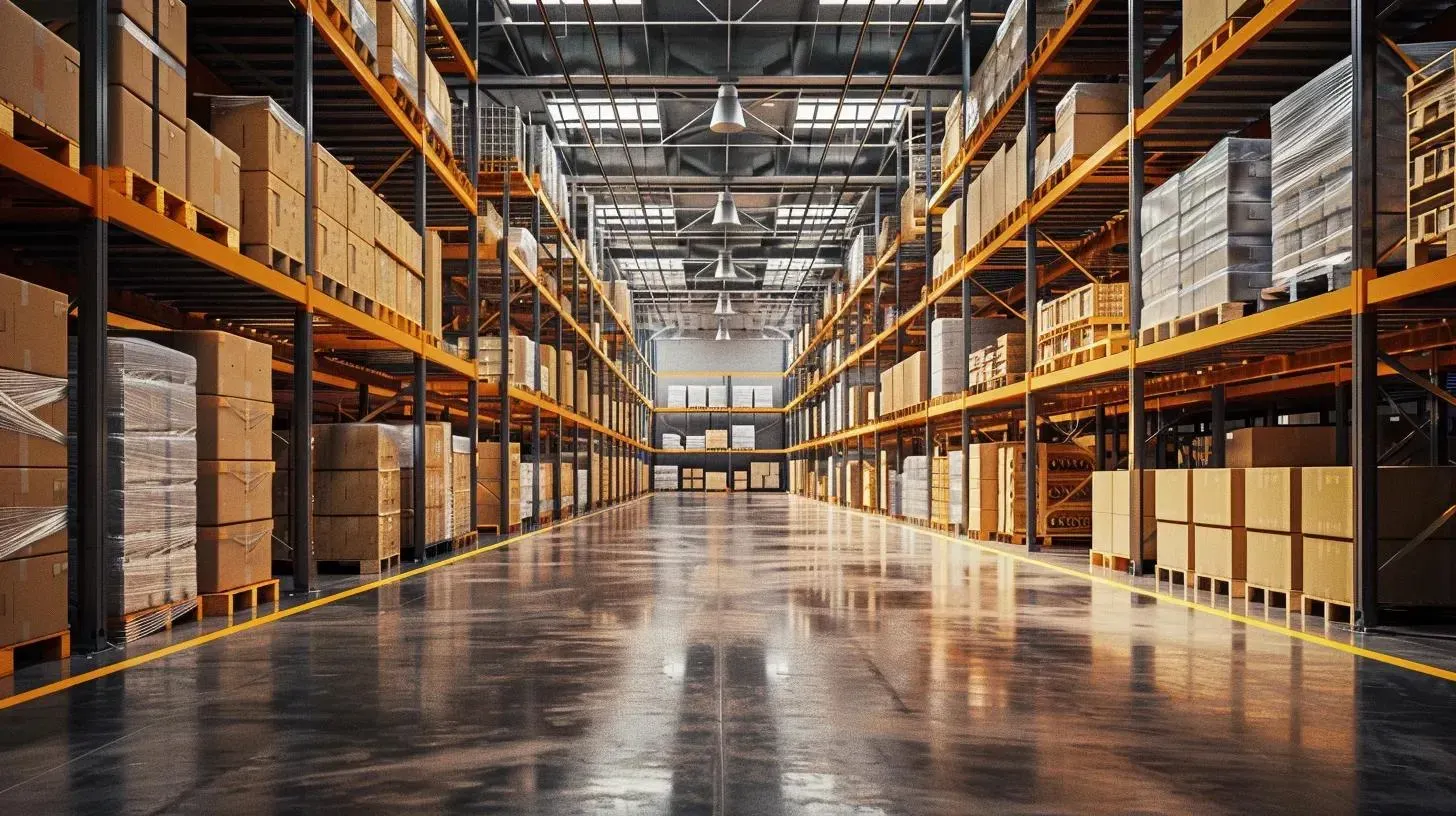 Warehouse interior with rows of shelves filled with cardboard boxes.