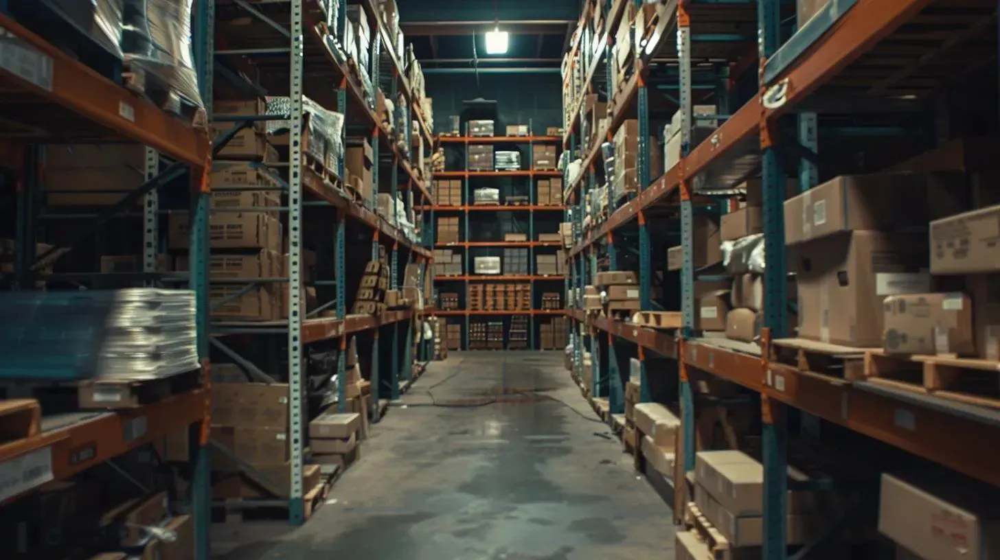 Warehouse interior with rows of shelves filled with cardboard boxes.