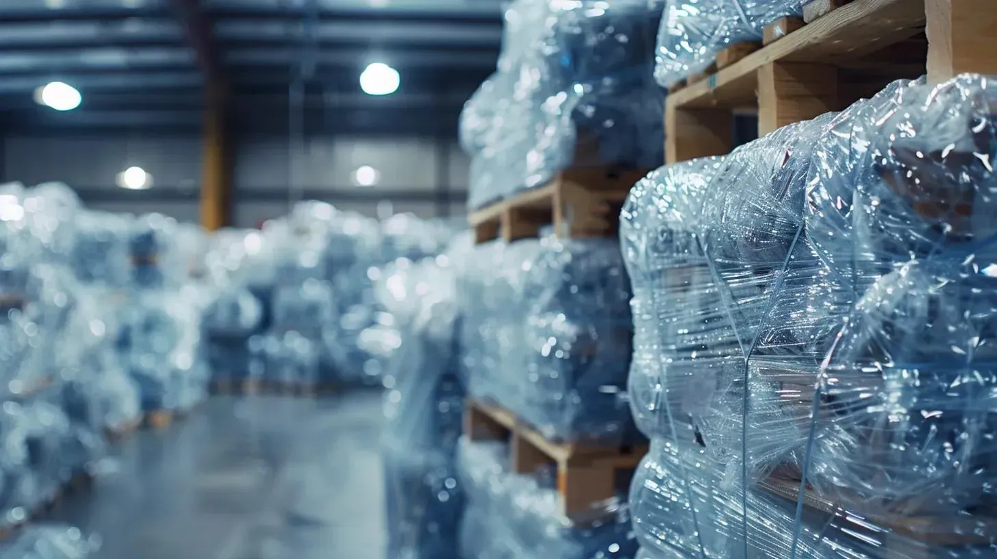 Pallets of goods wrapped in plastic inside a warehouse.