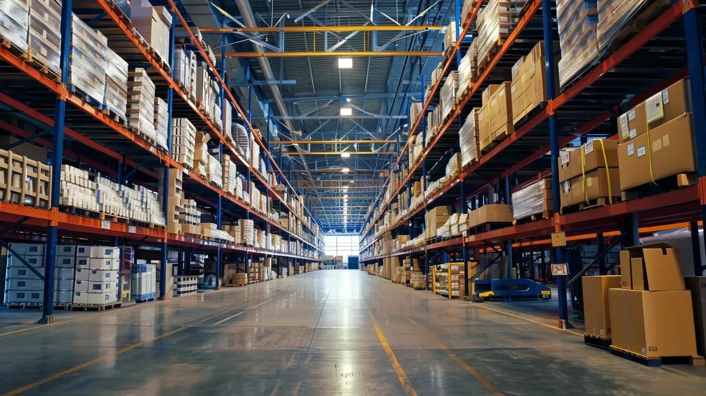 Warehouse interior with rows of shelves filled with boxes and products.